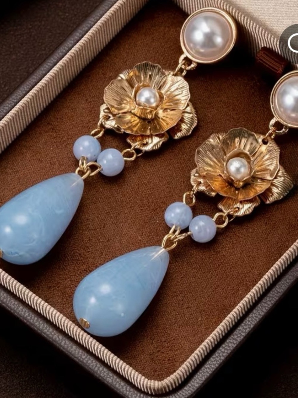 Gold Floral Earrings with Blue Teardrop Pearls